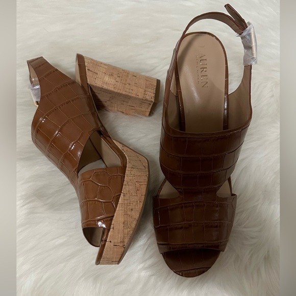 LAUREN Ralph Lauren Feona Crocodile-Embossed Leather Sandal Sz 11 - Picture 8 of 16